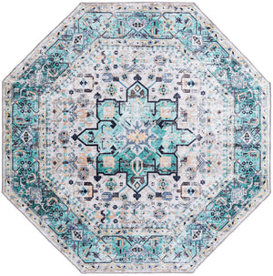 Washable Aqua Green 7' 10 x 7' 10 Yara Octagon Area Rug Easy to Clean Stain Resistant & Durable Polyester & Chenille Carpet for Sale at Rug Engine