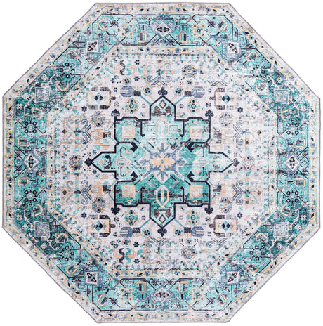 Washable Aqua Green 7' 10 x 7' 10 Yara Octagon Area Rug Easy to Clean Stain Resistant & Durable Polyester & Chenille Carpet for Sale at Rug Engine