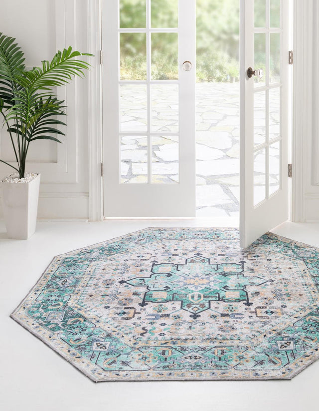 Washable Aqua Green 5' x 5' Yara Octagon Area Rug Easy to Clean Stain Resistant & Durable Polyester & Chenille Carpet for Sale at Rug Engine