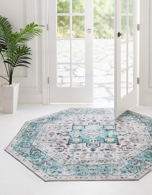 Washable Aqua Green 7' 10 x 7' 10 Yara Octagon Area Rug Easy to Clean Stain Resistant & Durable Polyester & Chenille Carpet for Sale at Rug Engine