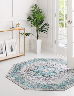 Washable Aqua Green 7' 10 x 7' 10 Yara Octagon Area Rug Easy to Clean Stain Resistant & Durable Polyester & Chenille Carpet for Sale at Rug Engine