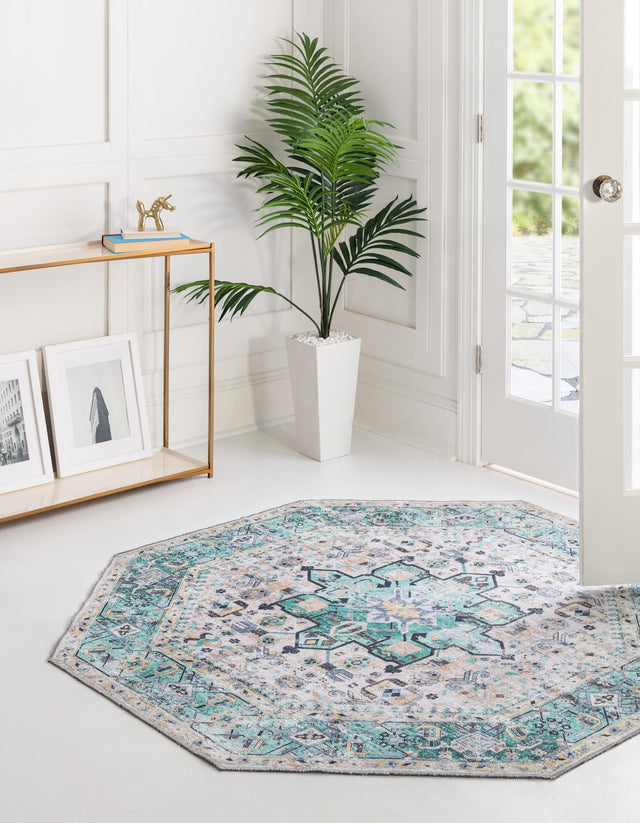 Washable Aqua Green 7' 10 x 7' 10 Yara Octagon Area Rug Easy to Clean Stain Resistant & Durable Polyester & Chenille Carpet for Sale at Rug Engine
