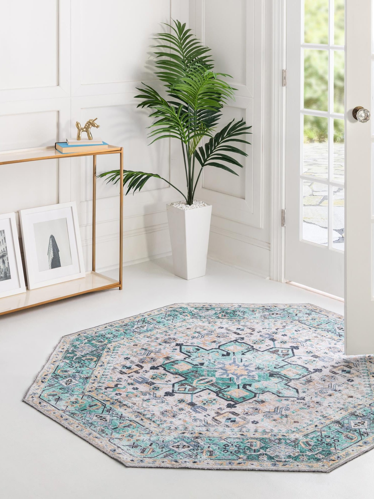 Washable Aqua Green 5' x 5' Yara Octagon Area Rug Easy to Clean Stain Resistant & Durable Polyester & Chenille Carpet for Sale at Rug Engine