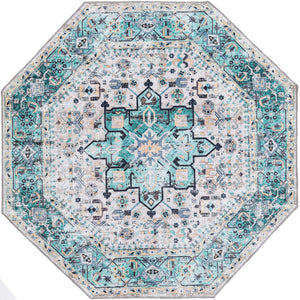 Washable Aqua Green 5' x 5' Yara Octagon Area Rug Easy to Clean Stain Resistant & Durable Polyester & Chenille Carpet for Sale at Rug Engine