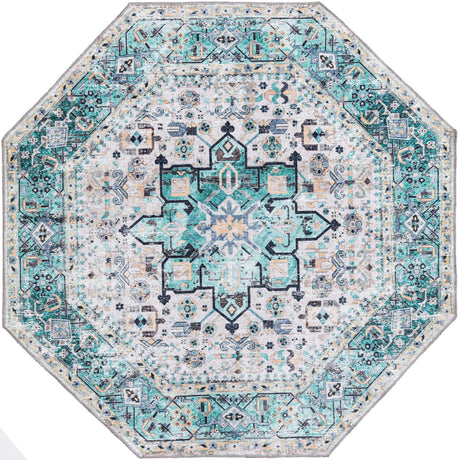 Washable Aqua Green 5' x 5' Yara Octagon Area Rug Easy to Clean Stain Resistant & Durable Polyester & Chenille Carpet for Sale at Rug Engine