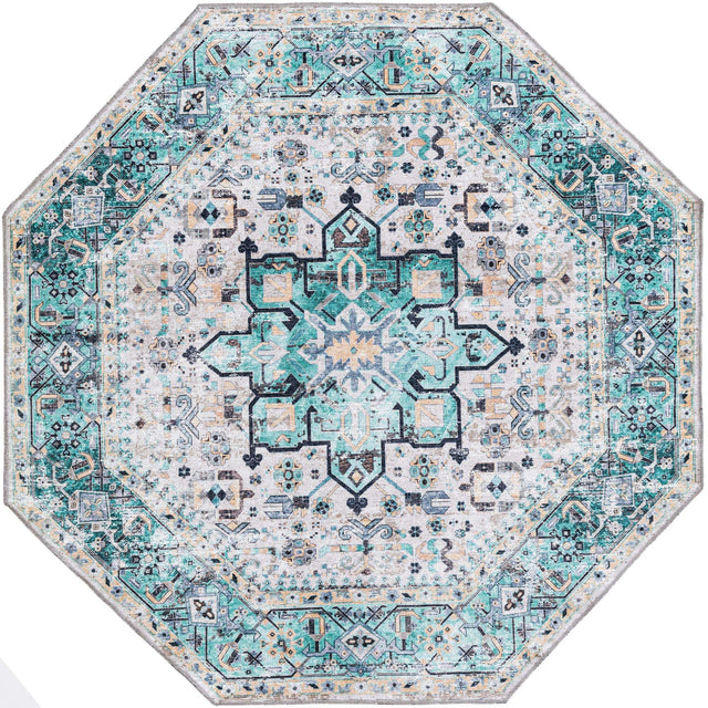 Washable Aqua Green 5' x 5' Yara Octagon Area Rug Easy to Clean Stain Resistant & Durable Polyester & Chenille Carpet for Sale at Rug Engine