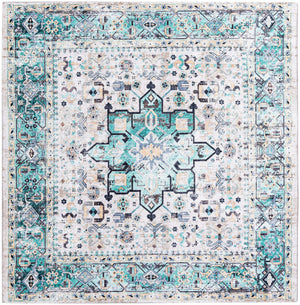 Washable Aqua Green 7' 10 x 7' 10 Yara Square Area Rug Easy to Clean Stain Resistant & Durable Polyester & Chenille Carpet for Sale at Rug Engine