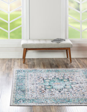 Washable Aqua Green 7' 10 x 7' 10 Yara Square Area Rug Easy to Clean Stain Resistant & Durable Polyester & Chenille Carpet for Sale at Rug Engine