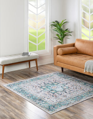 Washable Aqua Green 7' 10 x 7' 10 Yara Square Area Rug Easy to Clean Stain Resistant & Durable Polyester & Chenille Carpet for Sale at Rug Engine