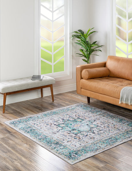 Washable Aqua Green 7' 10 x 7' 10 Yara Square Area Rug Easy to Clean Stain Resistant & Durable Polyester & Chenille Carpet for Sale at Rug Engine