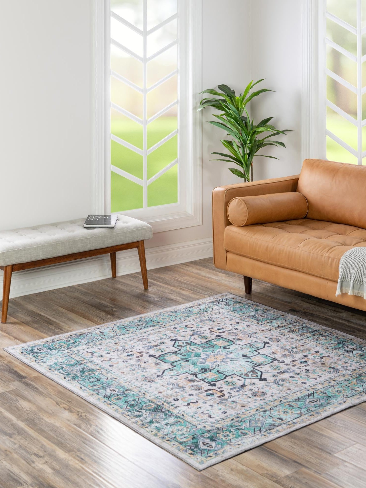 Washable Aqua Green 5' x 5' Yara Square Area Rug Easy to Clean Stain Resistant & Durable Polyester & Chenille Carpet for Sale at Rug Engine
