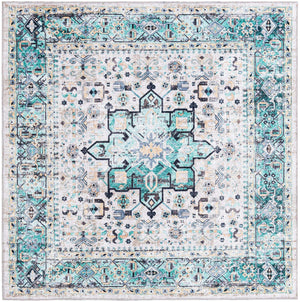 Washable Aqua Green 5' x 5' Yara Square Area Rug Easy to Clean Stain Resistant & Durable Polyester & Chenille Carpet for Sale at Rug Engine