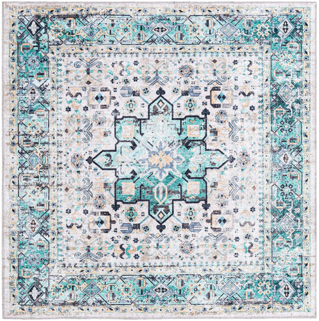Washable Aqua Green 5' x 5' Yara Square Area Rug Easy to Clean Stain Resistant & Durable Polyester & Chenille Carpet for Sale at Rug Engine