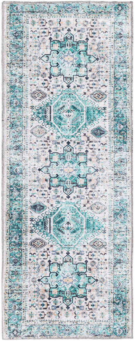 Washable Aqua Green 2' x 5' Yara Runner Area Rug Easy to Clean Stain Resistant & Durable Polyester & Chenille Carpet for Sale at Rug Engine