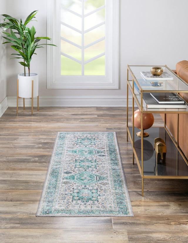 Washable Aqua Green 2' x 6' Yara Runner Area Rug Easy to Clean Stain Resistant & Durable Polyester & Chenille Carpet for Sale at Rug Engine