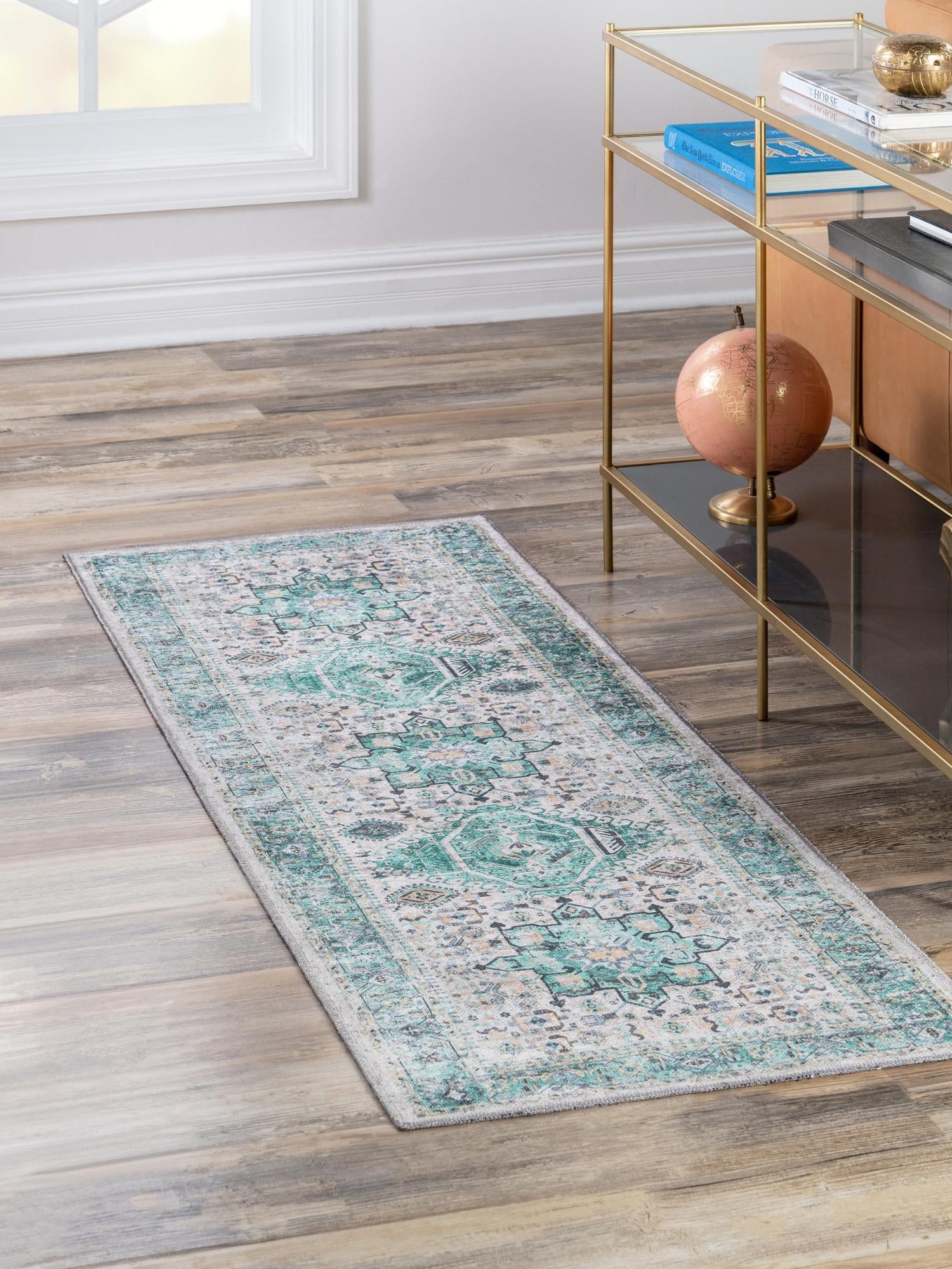 Washable Aqua Green 2' x 5' Yara Runner Area Rug Easy to Clean Stain Resistant & Durable Polyester & Chenille Carpet for Sale at Rug Engine