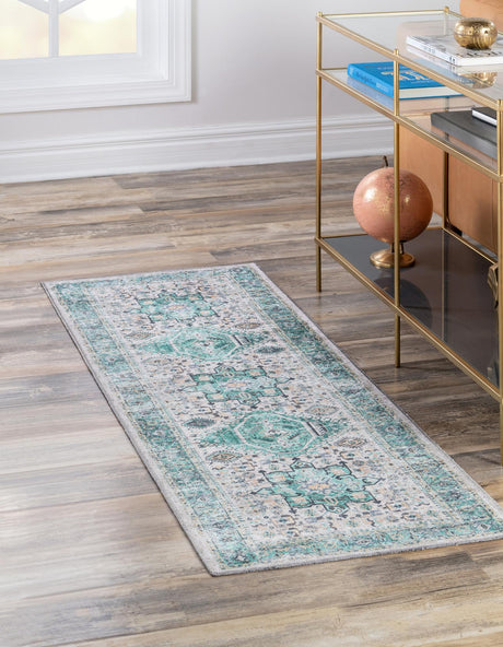 Washable Aqua Green 2' x 8' Yara Runner Area Rug Easy to Clean Stain Resistant & Durable Polyester & Chenille Carpet for Sale at Rug Engine