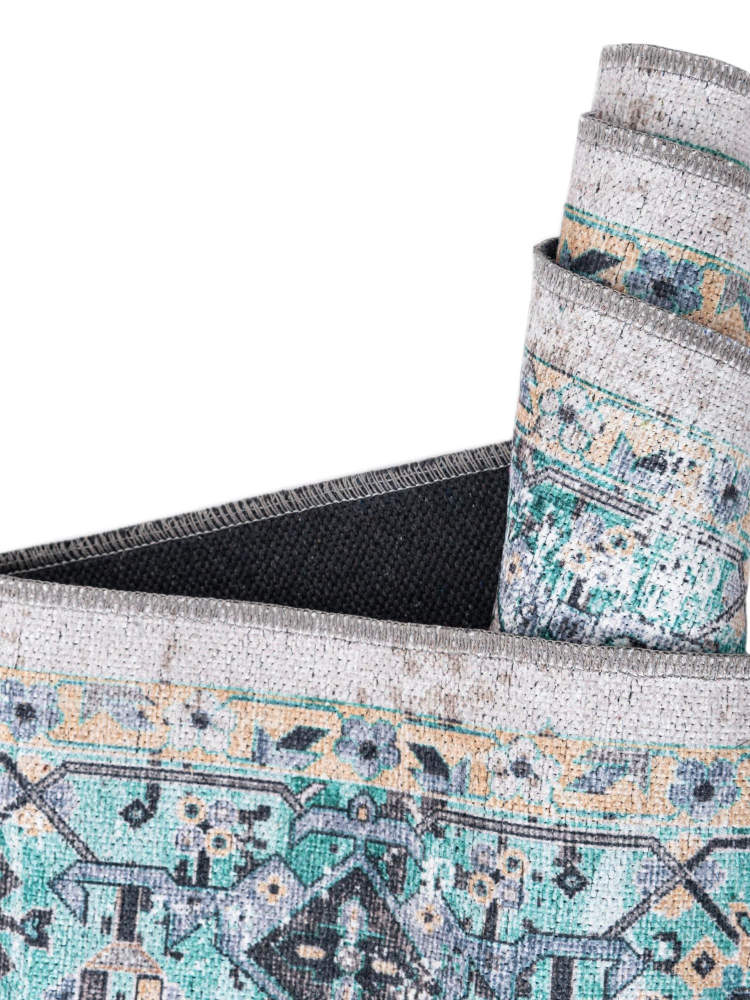 Washable Aqua Green 2' x 8' Yara Runner Area Rug Easy to Clean Stain Resistant & Durable Polyester & Chenille Carpet for Sale at Rug Engine