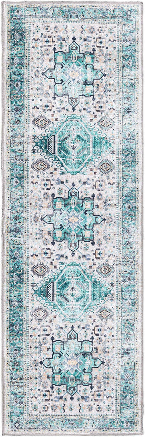 Washable Aqua Green 2' x 6' Yara Runner Area Rug Easy to Clean Stain Resistant & Durable Polyester & Chenille Carpet for Sale at Rug Engine