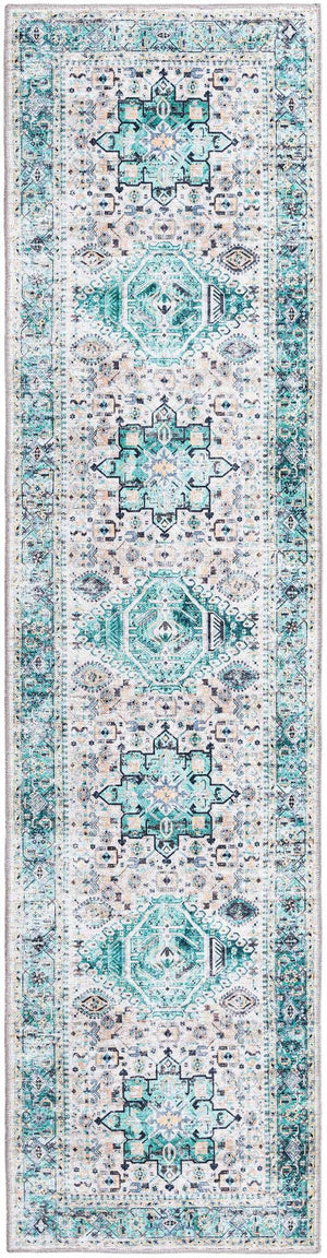 Washable Aqua Green 2' x 8' Yara Runner Area Rug Easy to Clean Stain Resistant & Durable Polyester & Chenille Carpet for Sale at Rug Engine