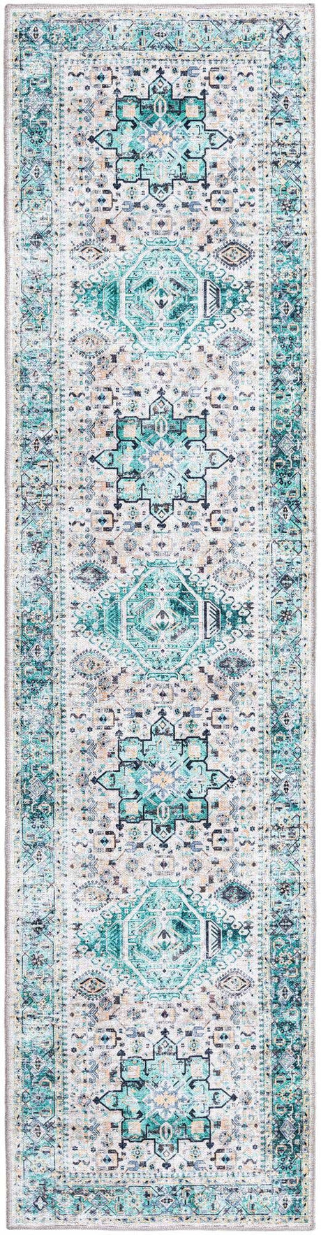 Washable Aqua Green 2' x 8' Yara Runner Area Rug Easy to Clean Stain Resistant & Durable Polyester & Chenille Carpet for Sale at Rug Engine