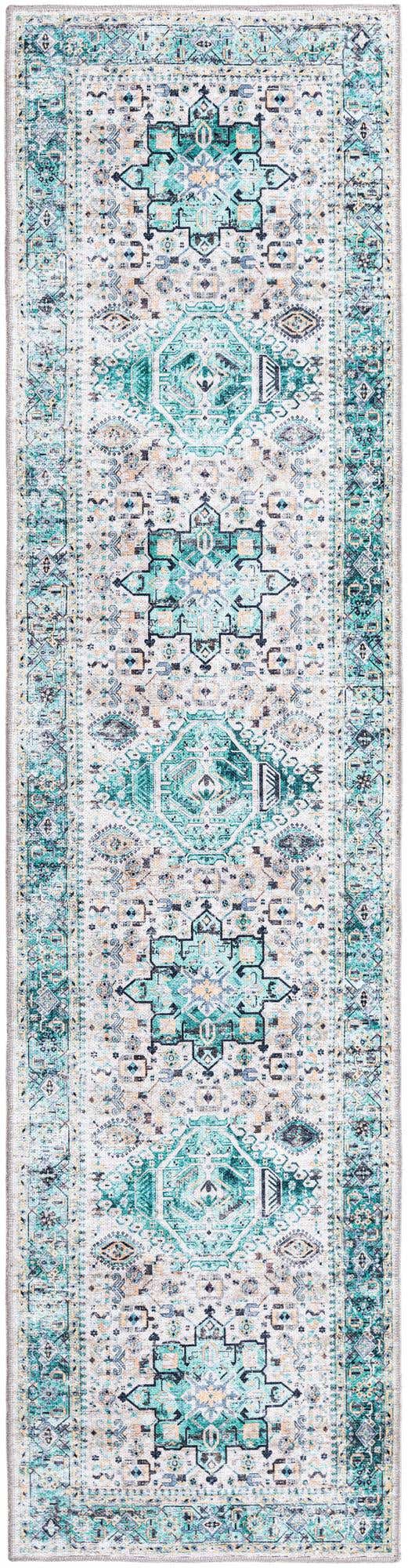 Washable Aqua Green 2' x 8' Yara Runner Area Rug Easy to Clean Stain Resistant & Durable Polyester & Chenille Carpet for Sale at Rug Engine