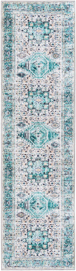 Washable Aqua Green 2' 7 x 10' Yara Runner Area Rug Easy to Clean Stain Resistant & Durable Polyester & Chenille Carpet for Sale at Rug Engine