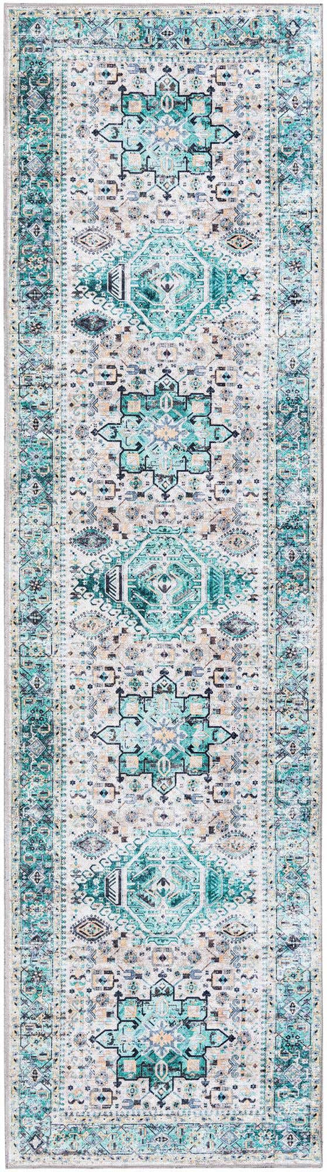Washable Aqua Green 2' 7 x 10' Yara Runner Area Rug Easy to Clean Stain Resistant & Durable Polyester & Chenille Carpet for Sale at Rug Engine