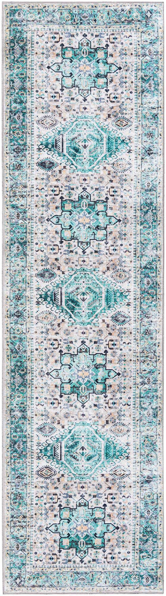 Washable Aqua Green 2' 7 x 10' Yara Runner Area Rug Easy to Clean Stain Resistant & Durable Polyester & Chenille Carpet for Sale at Rug Engine