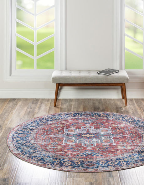 Washable Rust Red 7' 10 x 7' 10 Yara Round Area Rug Easy to Clean Stain Resistant & Durable Polyester & Chenille Carpet for Sale at Rug Engine