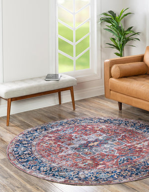 Washable Rust Red 7' 10 x 7' 10 Yara Round Area Rug Easy to Clean Stain Resistant & Durable Polyester & Chenille Carpet for Sale at Rug Engine