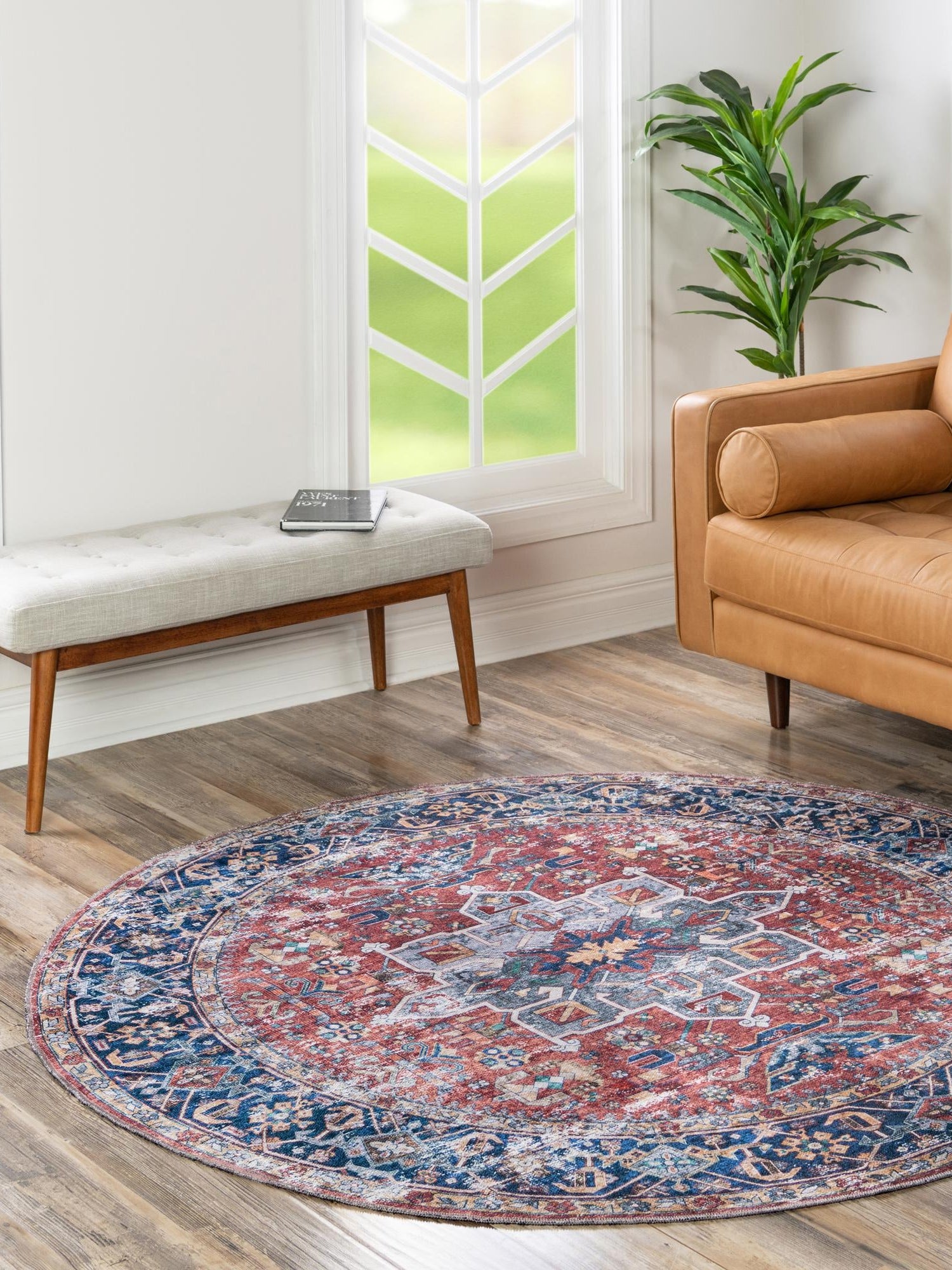 Washable Rust Red 6' x 6' Yara Round Area Rug Easy to Clean Stain Resistant & Durable Polyester & Chenille Carpet for Sale at Rug Engine