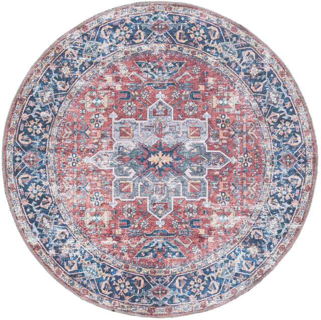 Washable Rust Red 4' x 4' Yara Round Area Rug Easy to Clean Stain Resistant & Durable Polyester & Chenille Carpet for Sale at Rug Engine