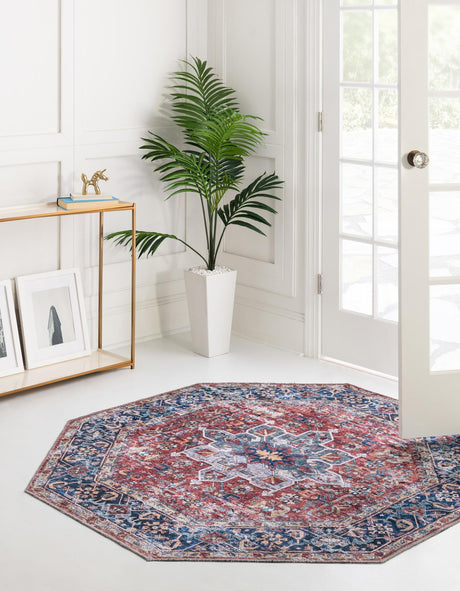 Washable Rust Red 7' 10 x 7' 10 Yara Octagon Area Rug Easy to Clean Stain Resistant & Durable Polyester & Chenille Carpet for Sale at Rug Engine