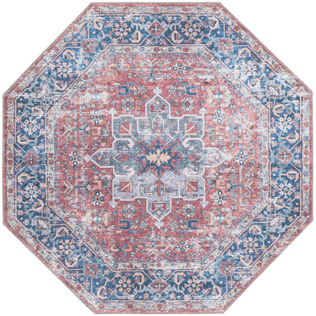 Washable Rust Red 5' x 5' Yara Octagon Area Rug Easy to Clean Stain Resistant & Durable Polyester & Chenille Carpet for Sale at Rug Engine