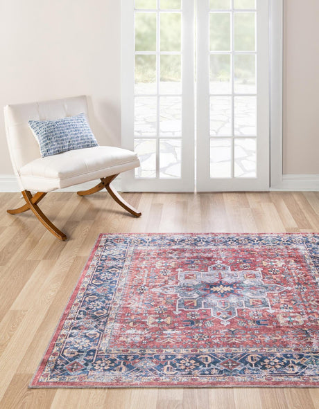 Washable Rust Red 7' 10 x 7' 10 Yara Square Area Rug Easy to Clean Stain Resistant & Durable Polyester & Chenille Carpet for Sale at Rug Engine