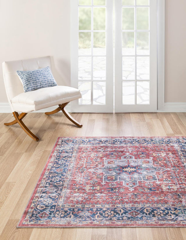 Washable Rust Red 7' 10 x 7' 10 Yara Square Area Rug Easy to Clean Stain Resistant & Durable Polyester & Chenille Carpet for Sale at Rug Engine
