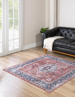 Washable Rust Red 5' x 5' Yara Square Area Rug Easy to Clean Stain Resistant & Durable Polyester & Chenille Carpet for Sale at Rug Engine