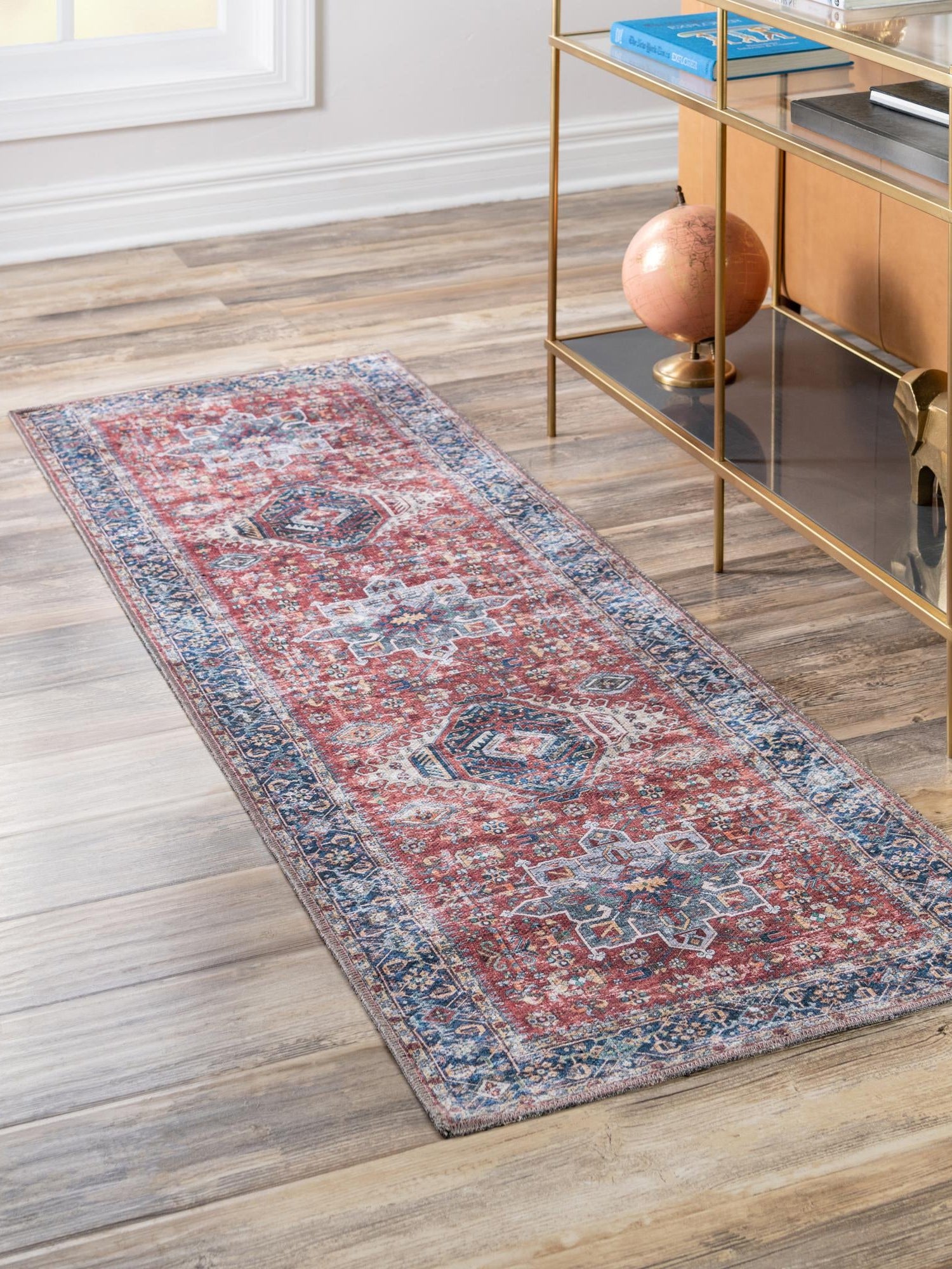 Washable Rust Red 2' x 6' Yara Runner Area Rug Easy to Clean Stain Resistant & Durable Polyester & Chenille Carpet for Sale at Rug Engine