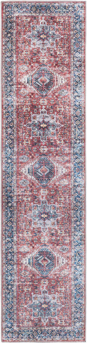 Washable Rust Red 2' x 8' Yara Runner Area Rug Easy to Clean Stain Resistant & Durable Polyester & Chenille Carpet for Sale at Rug Engine