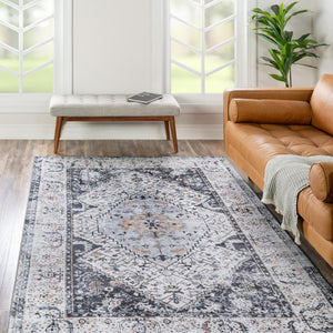 Washable Linen Charcoal 6' x 9' Yara Rectangle Area Rug Easy to Clean Stain Resistant & Durable Polyester & Chenille Carpet for Sale at Rug Engine