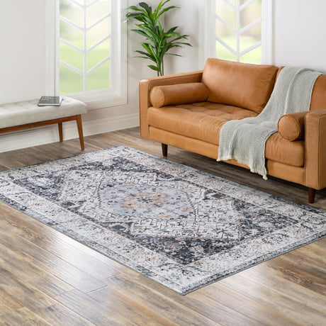 Washable Linen Charcoal 6' x 9' Yara Rectangle Area Rug Easy to Clean Stain Resistant & Durable Polyester & Chenille Carpet for Sale at Rug Engine