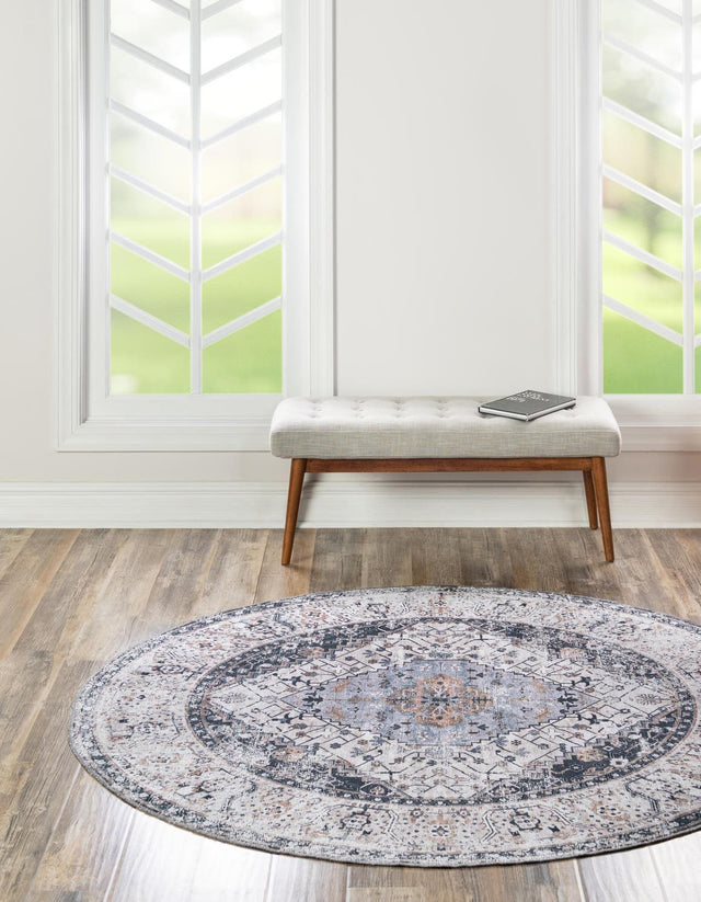 Washable Linen Charcoal 3' 3 x 3' 3 Yara Round Area Rug Easy to Clean Stain Resistant & Durable Polyester & Chenille Carpet for Sale at Rug Engine