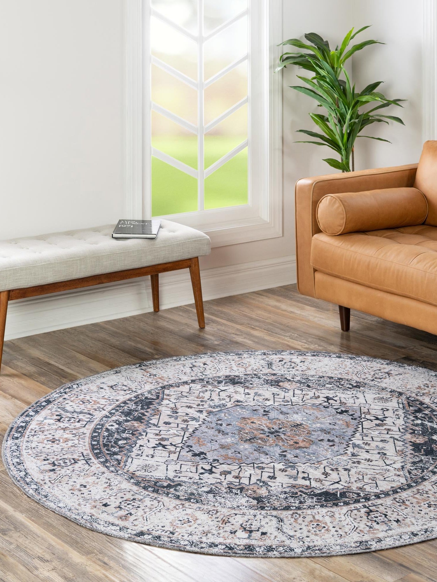 Washable Linen Charcoal 5' 3 x 5' 3 Yara Round Area Rug Easy to Clean Stain Resistant & Durable Polyester & Chenille Carpet for Sale at Rug Engine