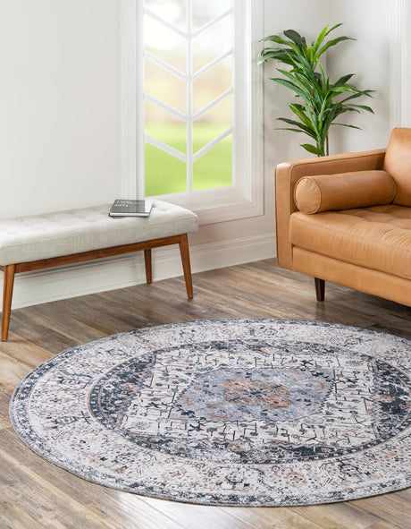 Washable Linen Charcoal 5' 3 x 5' 3 Yara Round Area Rug Easy to Clean Stain Resistant & Durable Polyester & Chenille Carpet for Sale at Rug Engine