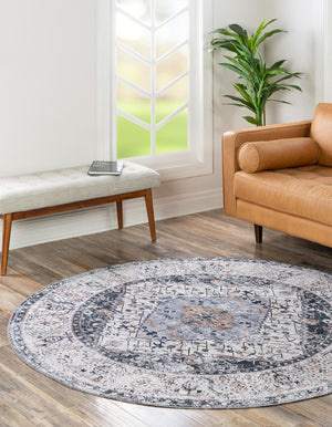 Washable Linen Charcoal 7' 1 x 7' 1 Yara Round Area Rug Easy to Clean Stain Resistant & Durable Polyester & Chenille Carpet for Sale at Rug Engine