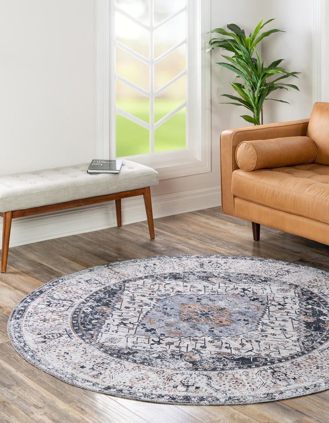 Washable Linen Charcoal 7' 10 x 7' 10 Yara Round Area Rug Easy to Clean Stain Resistant & Durable Polyester & Chenille Carpet for Sale at Rug Engine