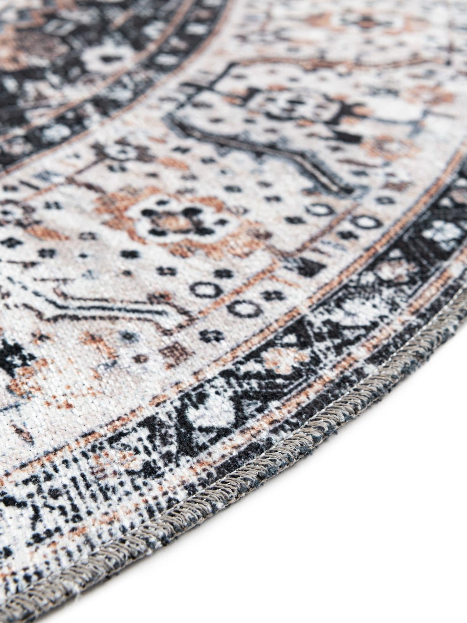 Washable Linen Charcoal 7' 1 x 7' 1 Yara Round Area Rug Easy to Clean Stain Resistant & Durable Polyester & Chenille Carpet for Sale at Rug Engine