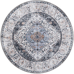 Washable Linen Charcoal 4' x 4' Yara Round Area Rug Easy to Clean Stain Resistant & Durable Polyester & Chenille Carpet for Sale at Rug Engine