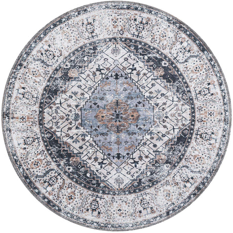 Washable Linen Charcoal 4' x 4' Yara Round Area Rug Easy to Clean Stain Resistant & Durable Polyester & Chenille Carpet for Sale at Rug Engine
